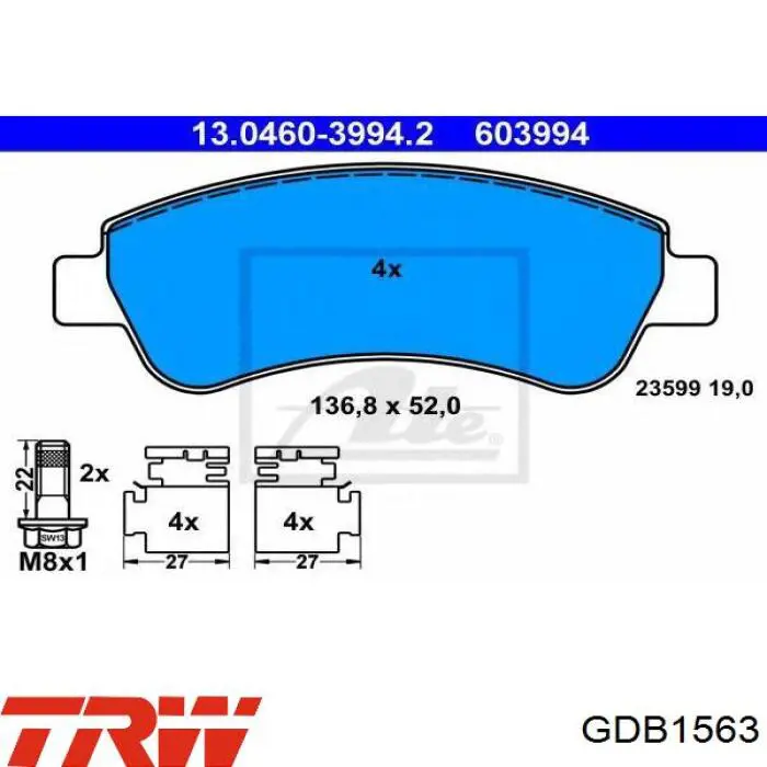 Купити GDB1563 TRW Колодки гальмівні передні, дискові