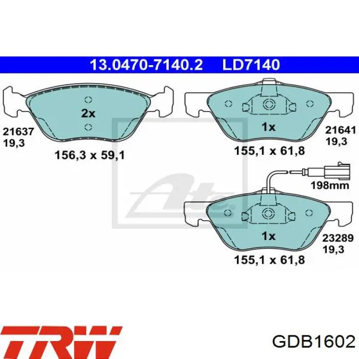 Купити GDB1602 TRW Колодки гальмівні передні, дискові