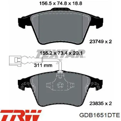 Передні тормозні колодки GDB1651DTE TRW