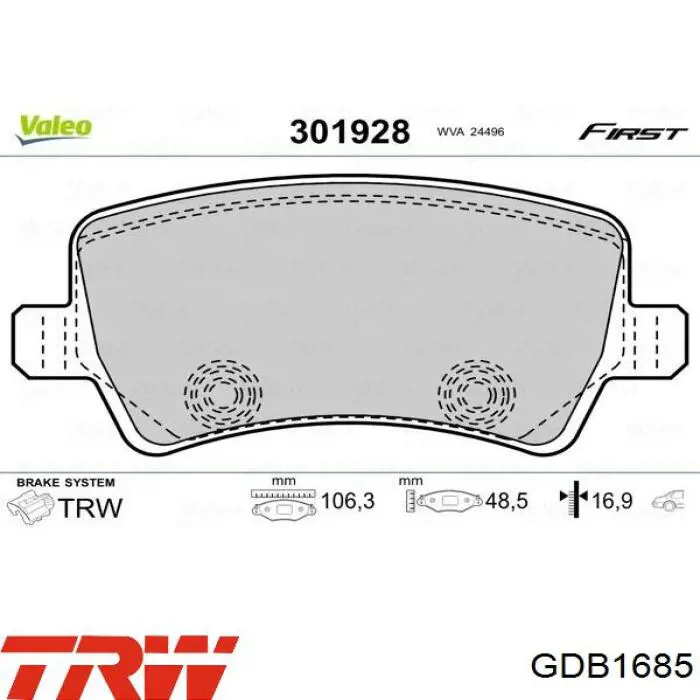 Задні гальмівні колодки GDB1685 TRW