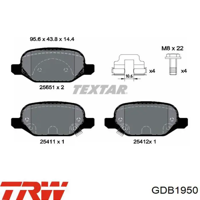 Задні гальмівні колодки GDB1950 TRW