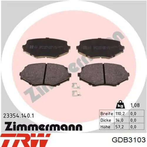 Передні тормозні колодки GDB3103 TRW