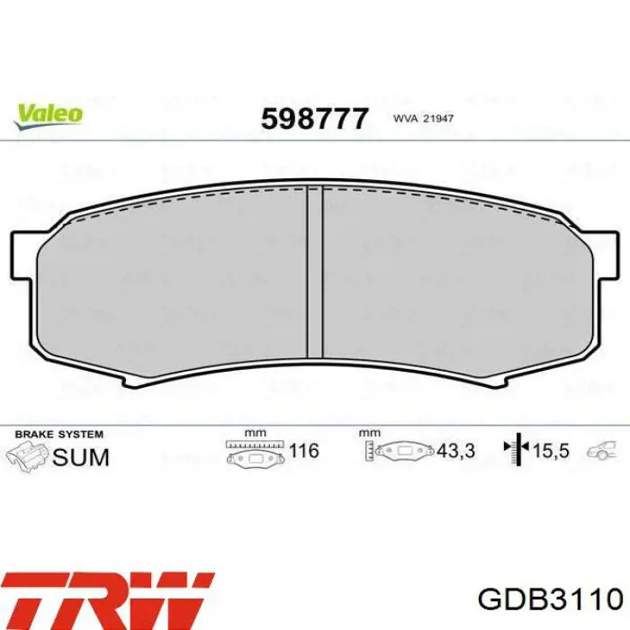 Задні гальмівні колодки GDB3110 TRW