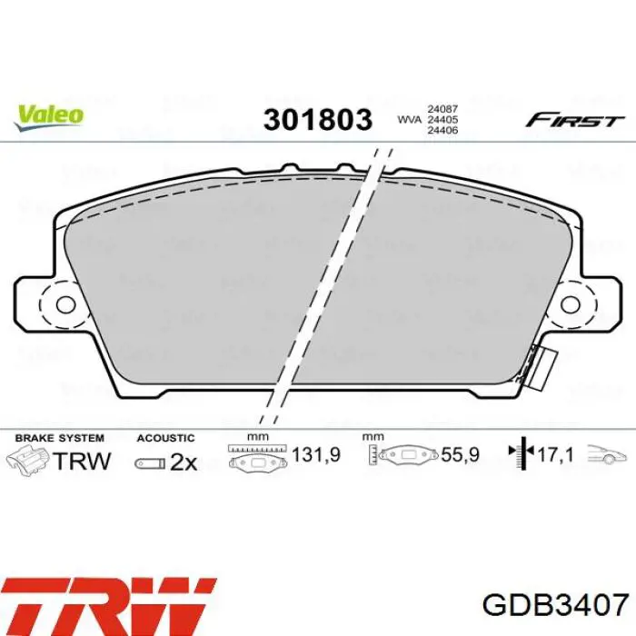 Передні тормозні колодки GDB3407 TRW