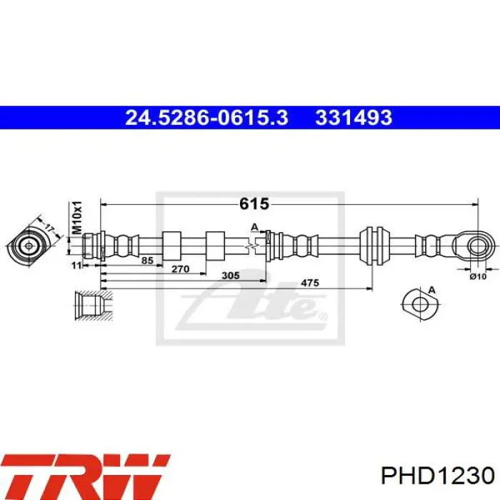 Шланг гальмівний передній, лівий TRW PHD1230 ціна, від 15.98 USD