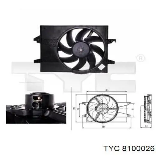 8100026 TYC дифузор радіатора охолодження, в зборі з двигуном і крильчаткою