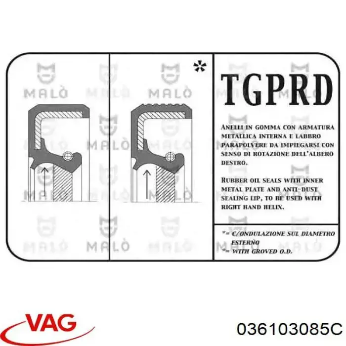 Купити 036103085C VAG Сальник коленвала передній
