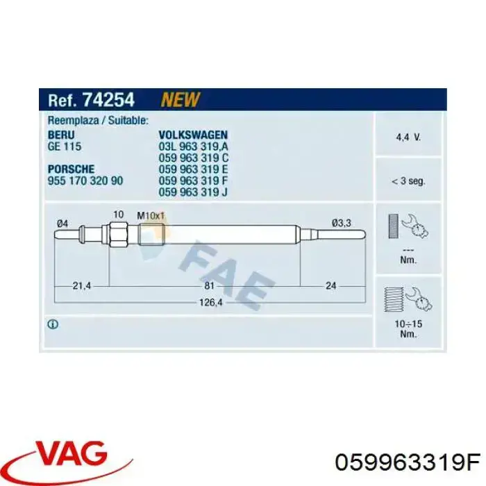 Свіча накалу VAG 059963319F ціна, від 11.20 USD