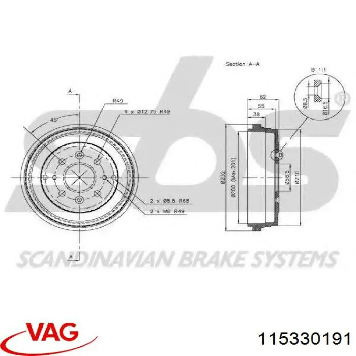 Барабан гальмівний задній 115330191 VAG