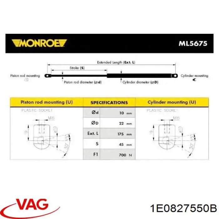 Амортизатор двері задньої VAG 1E0827550B ціна, від 17.61 USD