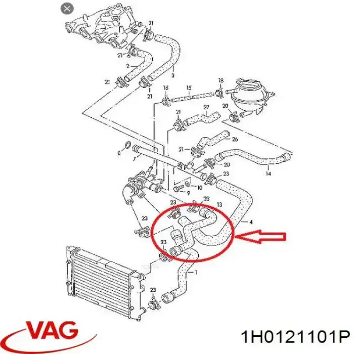 Шланг/патрубок радіатора охолодження, верхній 1H0121101P VAG