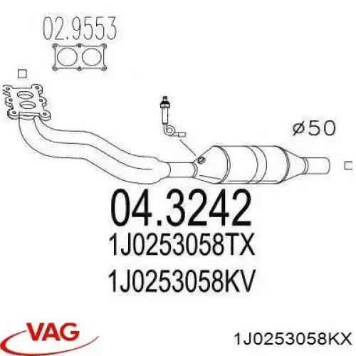 Купити 1J0253058KX VAG Труба приймальна (штани) глушника, передня