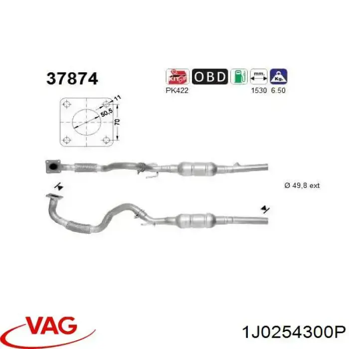 Купити 1J0254300P VAG Труба приймальна (штани) глушника, передня