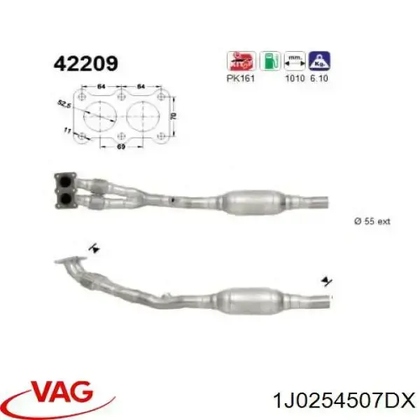 1J0254507DX VAG труба приймальна (штани глушника, передня)
