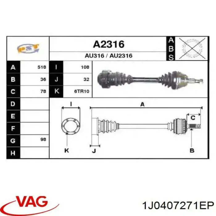 Привід передній лівий VAG 1J0407271EP ціна, від 36.68 USD
