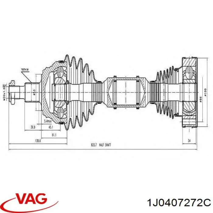 Піввісь передня, права VAG 1J0407272C ціна, від 76.02 USD