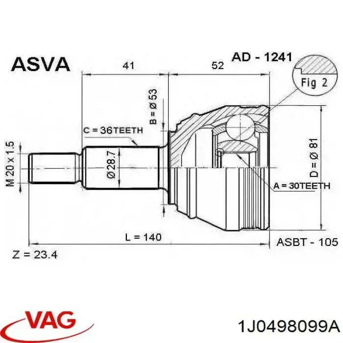 ШРУС зовнішній передній 1J0498099A VAG