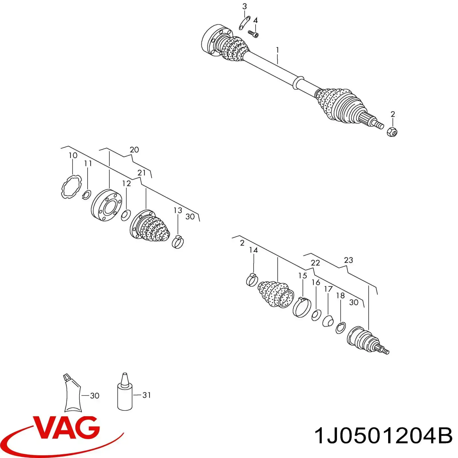 Піввісь задня, права 1J0501204BV VAG