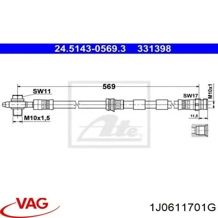 Шланг гальмівний передній 1J0611701G VAG