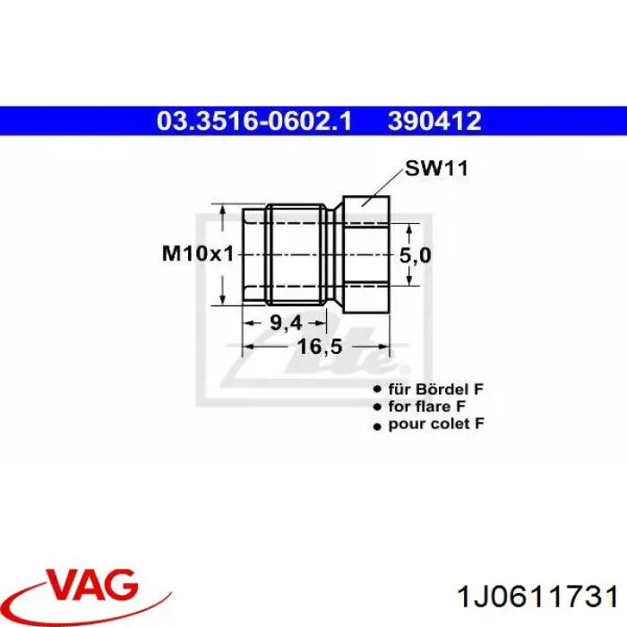 Штуцер сполучний гальмівних трубок VAG 1J0611731 ціна, від 0.29 USD