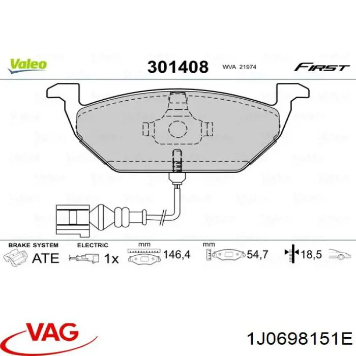 Купити 1J0698151E VAG Колодки гальмівні передні, дискові