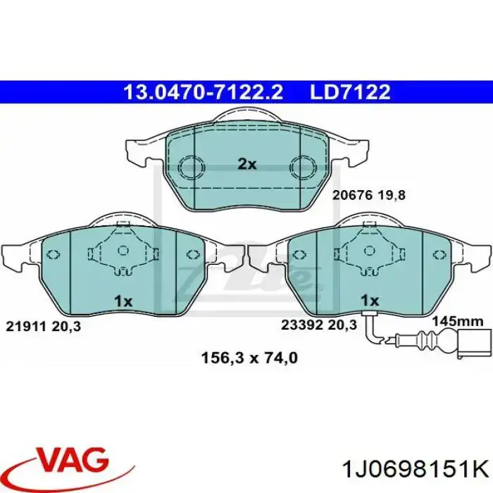 Купити 1J0698151K VAG Колодки гальмівні передні, дискові