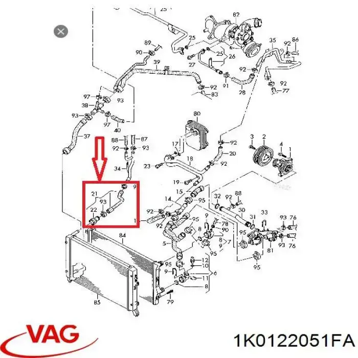 Шланг/патрубок радіатора охолодження, нижній VAG 1K0122051FA ціна, від 14.47 USD