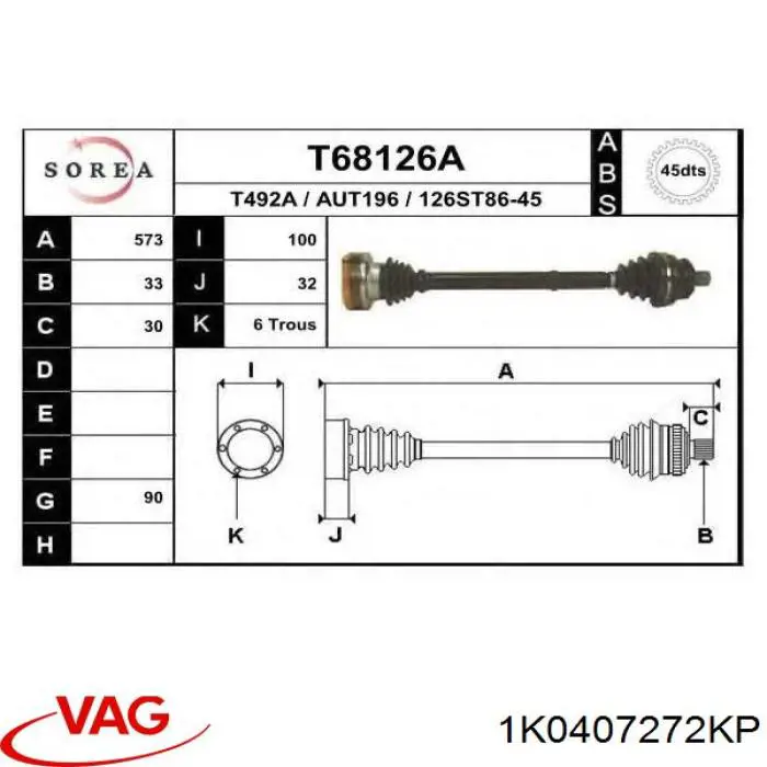 Піввісь (привід) передня, права 1K0407762HX VAG