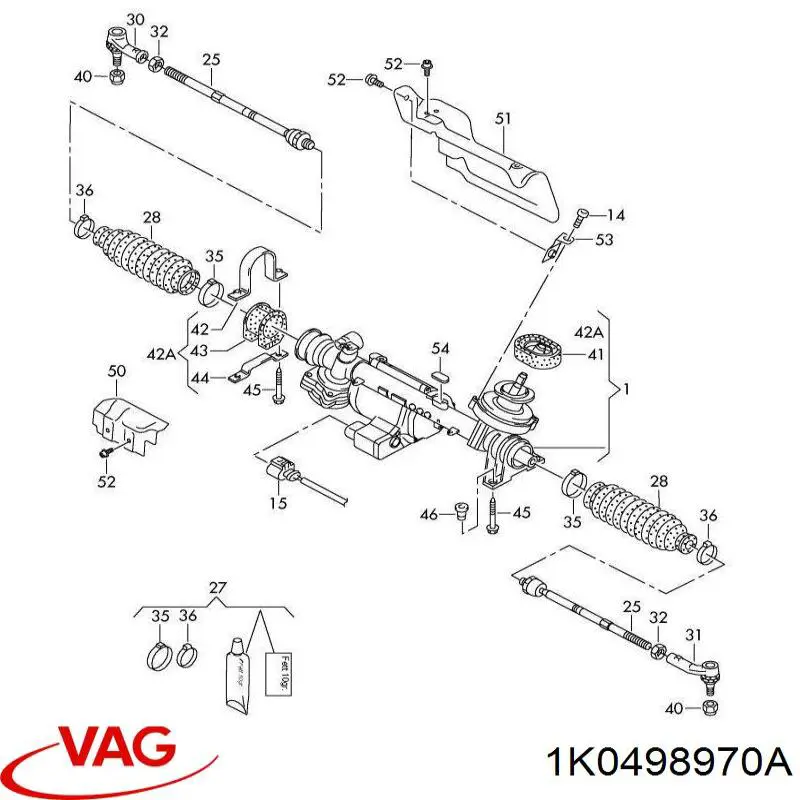 Ремкомплект рульової рейки (механізму) г/у, (комплект ущільнень) Volkswagen Jetta 4 (162) (Фольцваген Джетта)