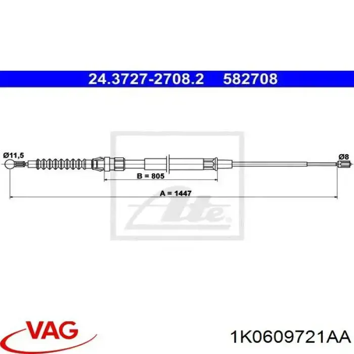 Трос ручного гальма задній, правий/лівий VAG 1K0609721AA ціна, від 7.96 USD