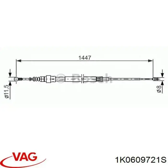 Трос ручного гальма задній, правий/лівий 1K0609721S VAG
