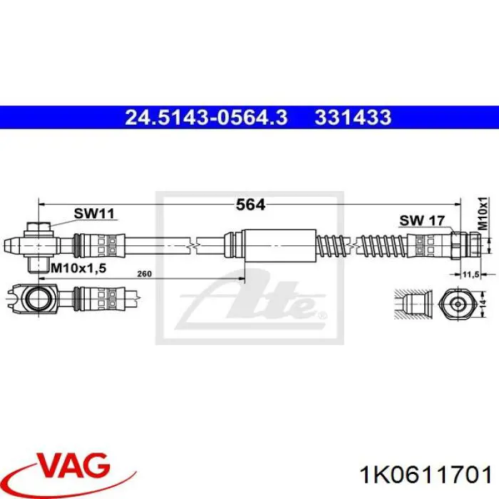 Шланг гальмівний передній 1K0611701 VAG