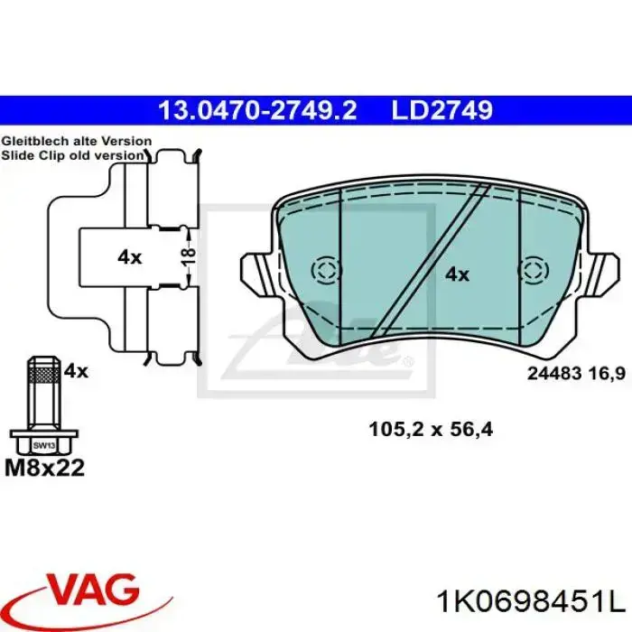 Задні дискові колодки VAG 1K0698451L