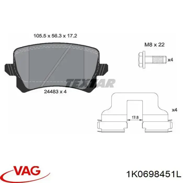 Задні гальмівні колодки VAG 1K0698451L ціна, від 25.96 USD