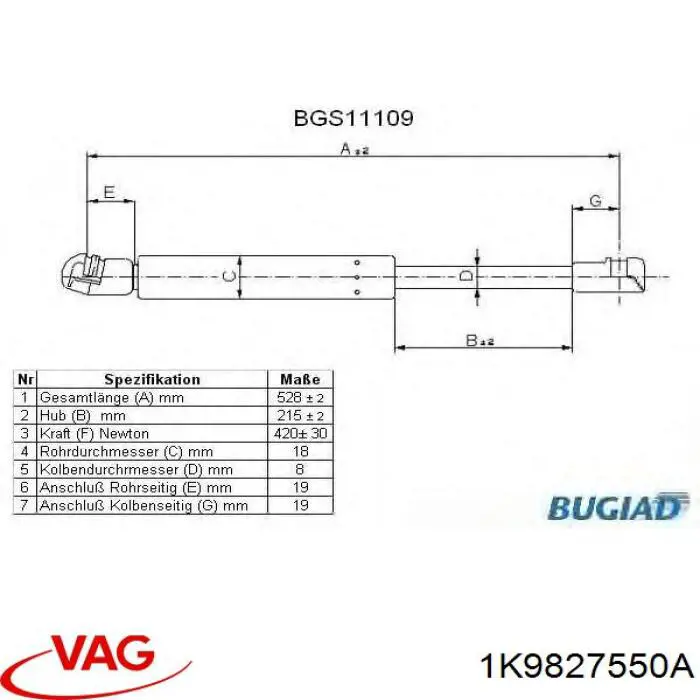 Амортизатор двері задньої VAG 1K9827550A ціна, від 8.87 USD