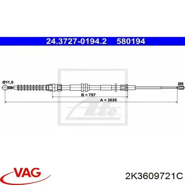 Трос ручного гальма задній, правий/лівий VAG 2K3609721C ціна, від 10.86 USD