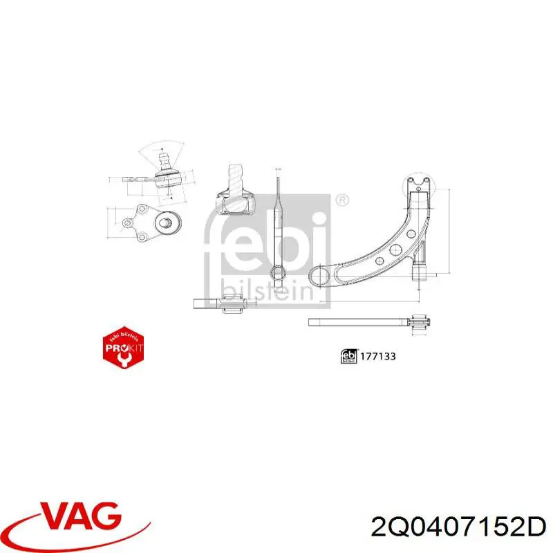 Важіль передньої підвіски нижній, правий VAG 2Q0407152D ціна, від 58.52 USD