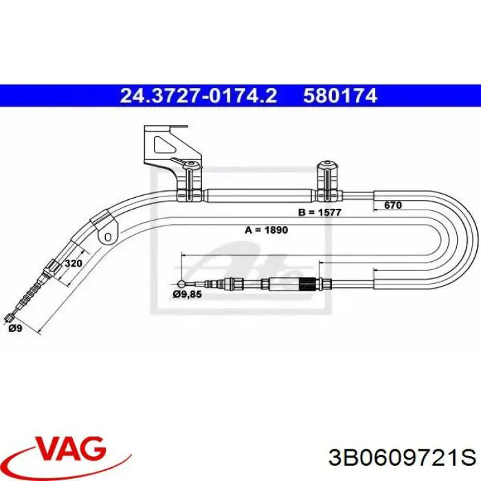 Трос стоянкового гальма задній лівий VAG 3B0609721S ціна, від 21.83 USD