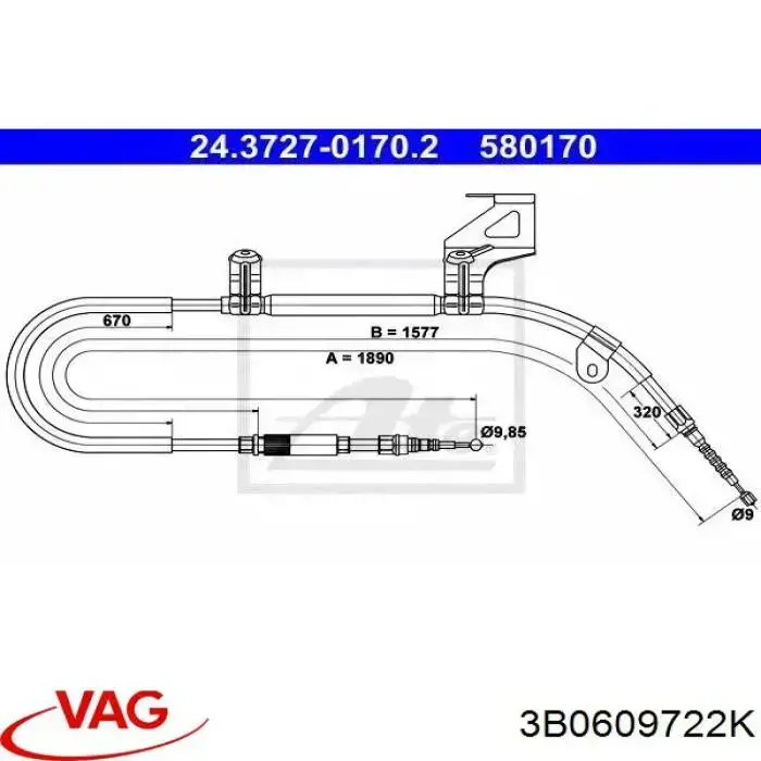 Трос стоянкового гальма задній правий VAG 3B0609722K ціна, від 21.05 USD
