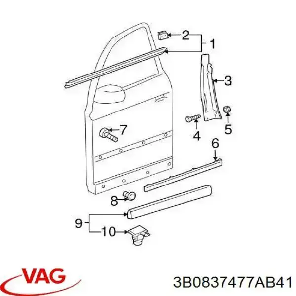 Купити 3B0837477AB41 VAG Молдинг опускного скла нижній, двері передньої, лівої