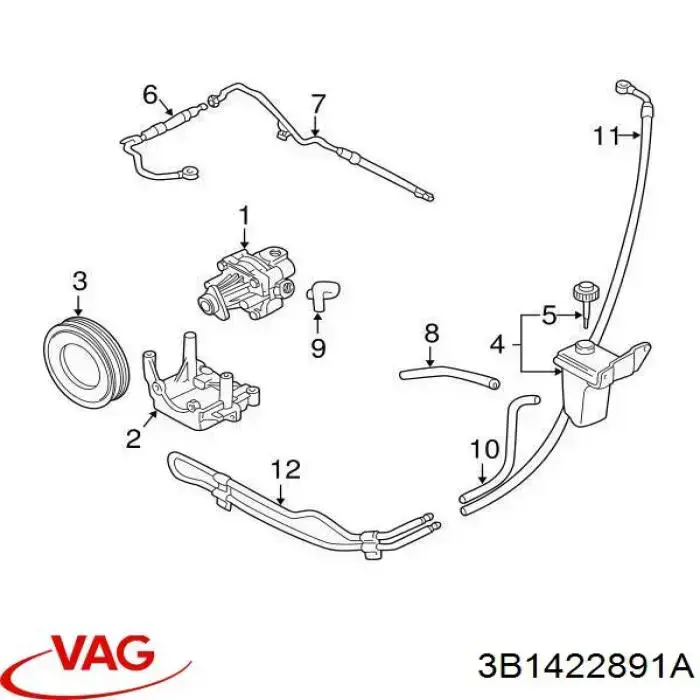 Купити 3B1422891A VAG Шланг ГПК, низького тиску, від рейки/механізму до радіатора