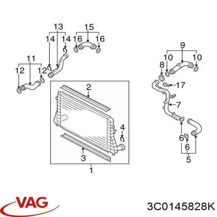 Патрубок повітряний, вихід з турбіни (наддув) VAG 3C0145828K ціна, від 39.20 USD