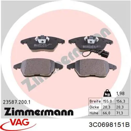 Гальмівні колодки VAG 3C0698151B ціна, від 26.77 USD