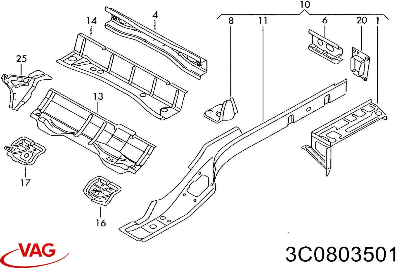 Лонжерон рами задній, лівий VAG 3C0803501 ціна, від 126.69 USD