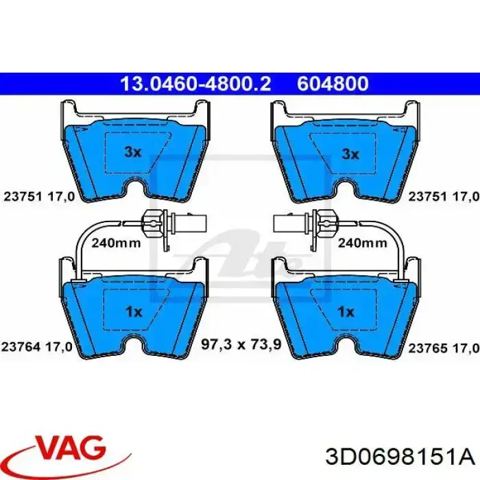 Купити 3D0698151A VAG Колодки гальмівні передні, дискові