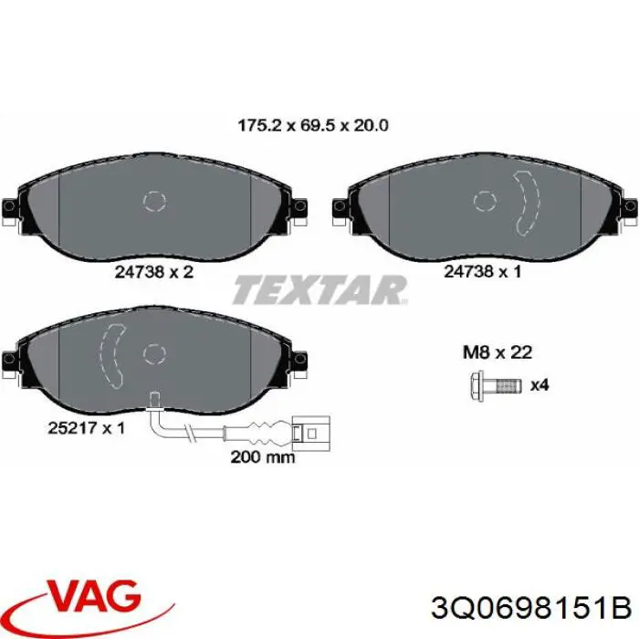 Купити 3Q0698151B VAG Колодки гальмівні передні, дискові