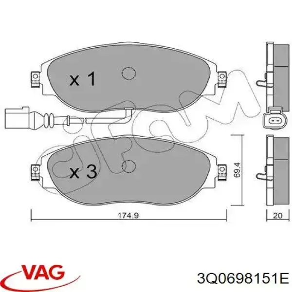 Колодки гальмівні передні, дискові 3Q0698151E VAG