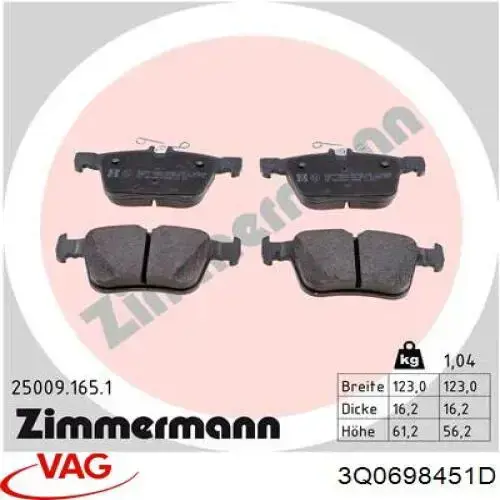 Задні гальмівні колодки 3Q0698451D VAG