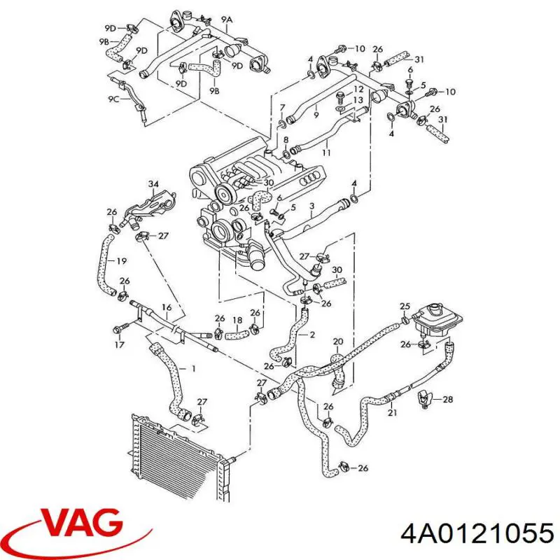 Купити 4A0121055 VAG Шланг/патрубок радіатора охолодження, нижній