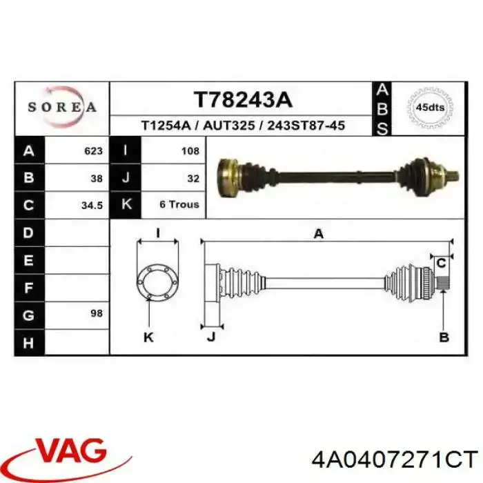 Піввісь (привід) передня, ліва 4A0407271CT VAG